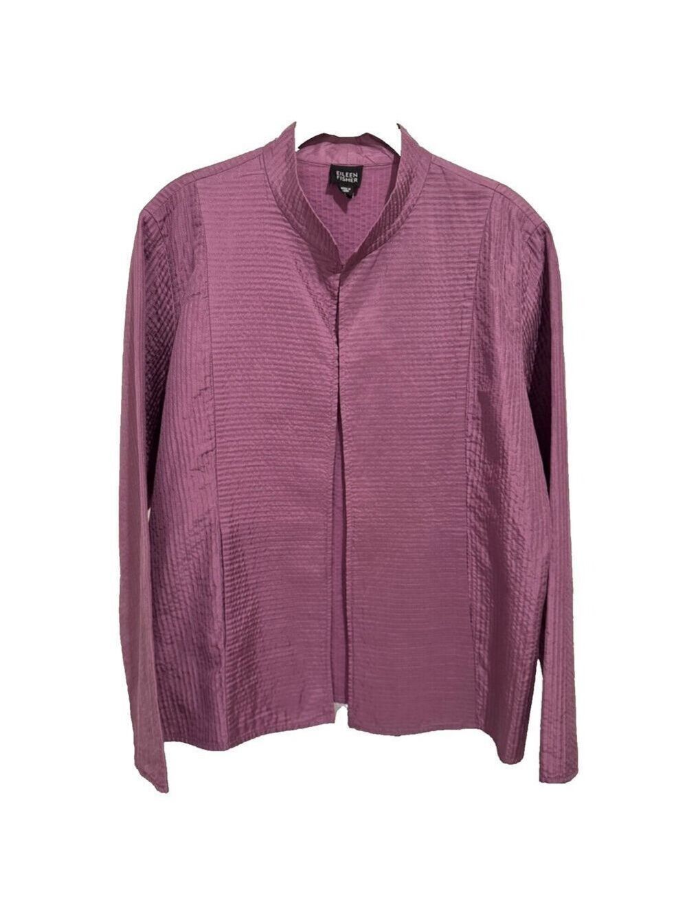 Eileen Fisher Jacket Silk Channel Crinkle Open Front Long Sleeve Purple